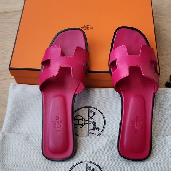 Hermès Rose Fuchsia Oran Sandals Size 37.5 - Picture 1 of 7